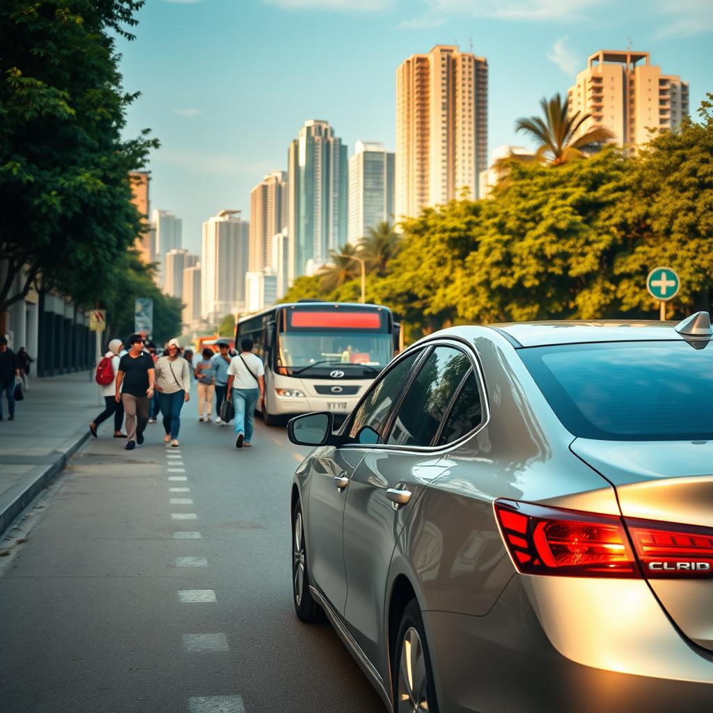 A bustling city street in Batam, Indonesia, showcasing the advantages of renting a car over public transportation. In the foreground, a well-maintained rental car stands prominently, its sleek design and gleaming finish capturing the attention. The middle ground features pedestrians hurrying along the sidewalk, weighed down by heavy bags, while a crowded bus struggles to navigate the congested traffic. In the background, towering skyscrapers and lush greenery create a dynamic urban landscape. The scene is bathed in warm, golden-hour lighting, conveying a sense of convenience, efficiency, and the freedom of personal mobility that renting a car in Batam offers over the challenges of public transit.