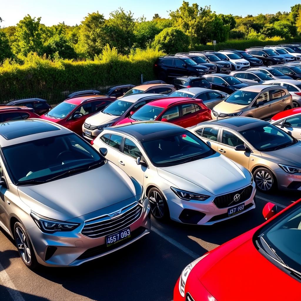 A fleet of modern, well-maintained rental cars parked in a neatly organized lot, with lush greenery and a clear blue sky in the background. The vehicles range from compact sedans to spacious SUVs, all gleaming in a variety of vibrant colors. The scene is illuminated by warm, natural lighting, creating an inviting and accessible atmosphere. The cars are positioned at slightly varied angles, giving the image a dynamic and professional look, suitable for showcasing the rental options available to customers.
