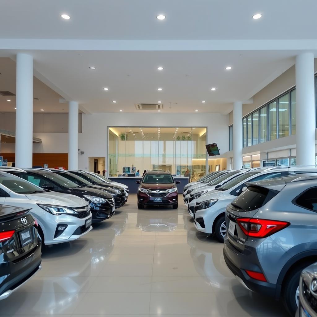 A modern and well-equipped car rental facility in Batam, Indonesia. The foreground showcases a lineup of various vehicle models, including sedans, SUVs, and vans, neatly arranged and ready for customer selection. The middle ground features a spacious, well-lit reception area with a sleek, contemporary design, where customers can inquire about rental options and complete their transactions. In the background, a glass-fronted showroom displays the latest car models, highlighting the wide range of choices available. The overall atmosphere conveys a sense of professionalism, reliability, and a commitment to providing a seamless and comfortable car rental experience for both local and visiting customers.