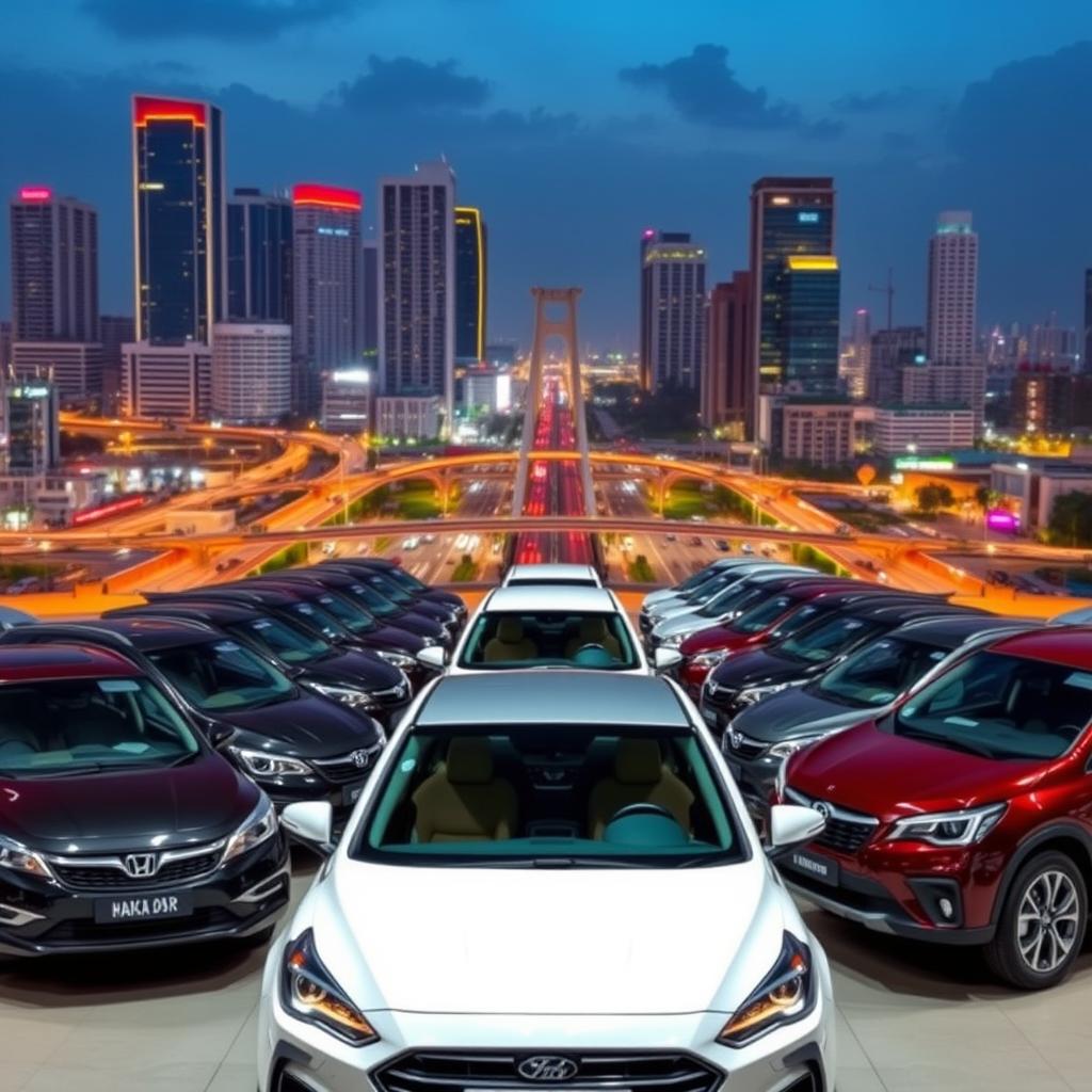 A modern city skyline of Batam, Indonesia, with a prominent central focus on a lineup of various rental cars in the foreground. The cars are displayed in an organized, showroom-like setting, with clean lines and well-lit interiors. The background features the distinctive architecture of Batam, including high-rise buildings, bridges, and bustling streets. The overall scene conveys a sense of professionalism, reliability, and competitiveness in the local car rental industry. The lighting is warm and inviting, creating an atmosphere of trust and quality service. The camera angle is slightly elevated, providing a comprehensive view of the rental cars and the cityscape beyond.
