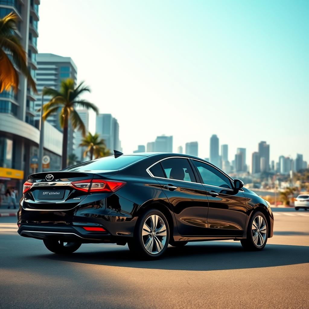 A sleek, modern rental car in the bustling city of Batam, Indonesia. The vehicle, a mid-sized sedan, stands prominently in the foreground, its shiny black exterior gleaming under the warm, afternoon sunlight. In the middle ground, a vibrant cityscape unfolds, with high-rise buildings, bustling streets, and the occasional palm tree adding a touch of tropical flair. The background is framed by a clear, azure sky, creating a sense of openness and tranquility. The scene conveys an atmosphere of convenience, accessibility, and the freedom of self-drive exploration, perfectly capturing the essence of a rental car service in Batam.
