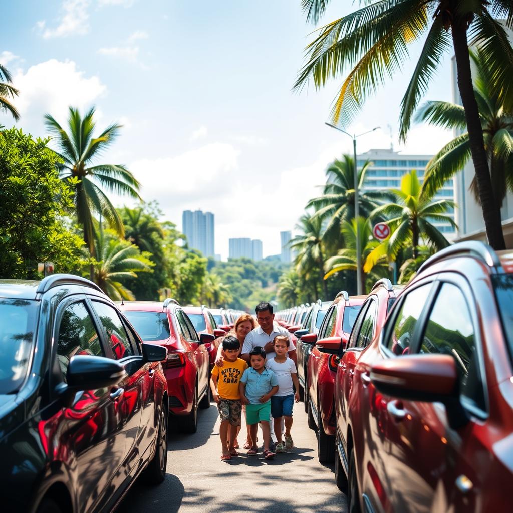 A sun-dappled street in Batam, Indonesia, lined with rows of rental cars awaiting their next adventure. The vehicles gleam in the tropical light, their sleek lines and vibrant colors beckoning passersby. In the middle ground, a family is excitedly selecting their ride, eager to explore the island's hidden gems. The background is a blend of lush greenery and modern cityscape, setting the stage for a seamless and memorable journey. The atmosphere is one of anticipation and discovery, inviting the viewer to imagine the possibilities that await behind the wheel of these trusty rental companions.