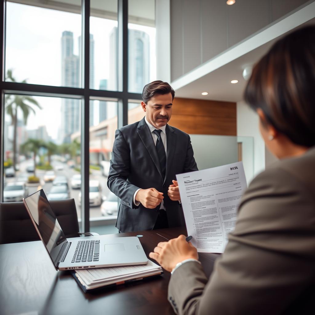 A well-lit, modern office interior with a large desk, a laptop, and a stack of paperwork. In the foreground, a person in a suit is reviewing a rental contract, their expression one of careful consideration. The background features a window overlooking the bustling streets of Batam, Indonesia, with towering skyscrapers and palm trees visible in the distance. The scene conveys a sense of professionalism and attention to detail, reflecting the care and diligence required in the rental car policies and procedures of this vibrant Indonesian city.