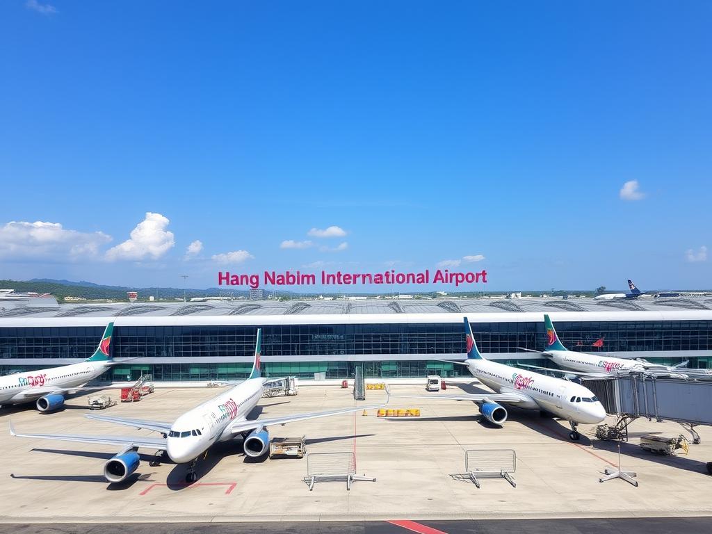 Bandara Hang Nadim Batam dengan pesawat dan terminal penumpang, menunjukkan akses transportasi ke Batam