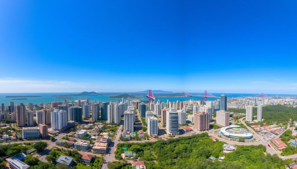 Pemandangan kota Batam dengan laut dan jembatan Barelang di kejauhan, menampilkan destinasi wisata populer di Batam