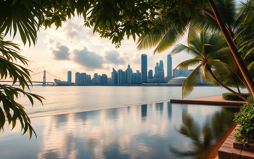 pemandangan Singapura dari Pantai Tanjung Pinggir pemandangan Singapura dari Pantai Tanjung Pinggir
